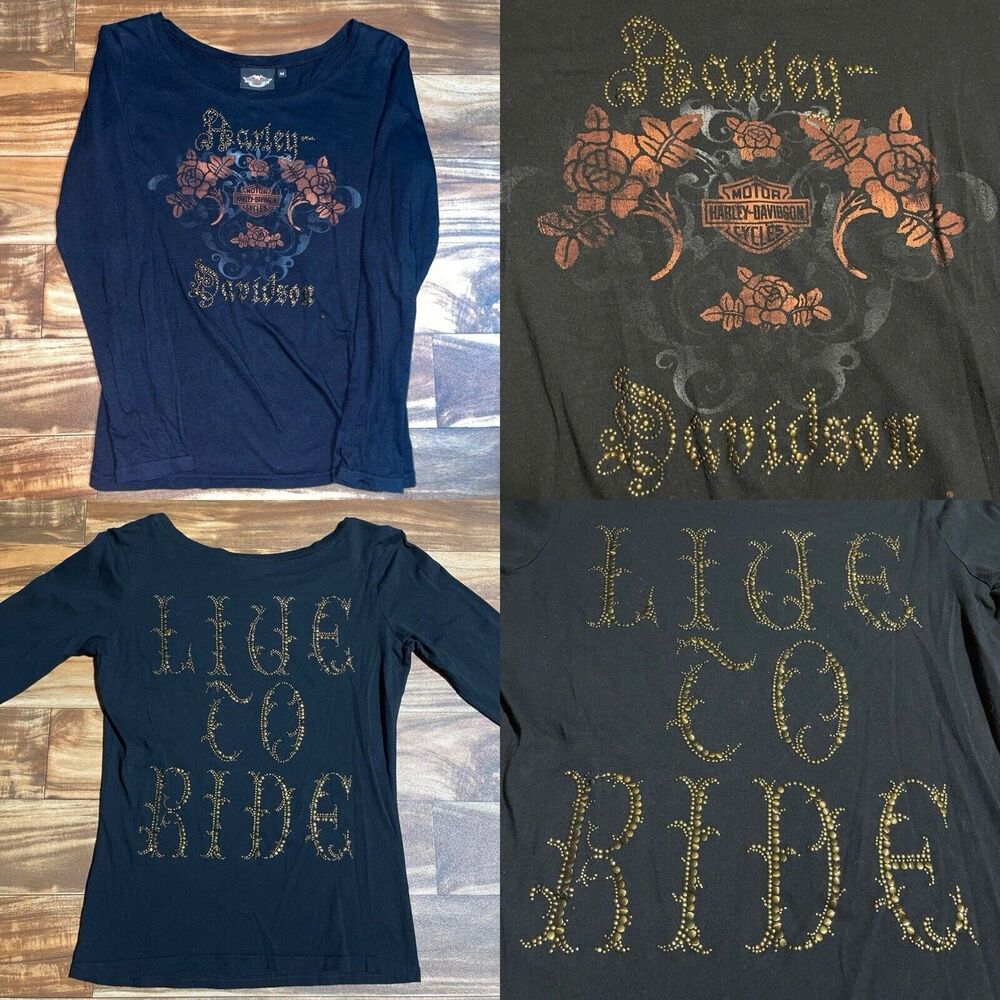 Harley Davidson Live To Ride Black Studded Floral Women's Shirt Size Medium M
